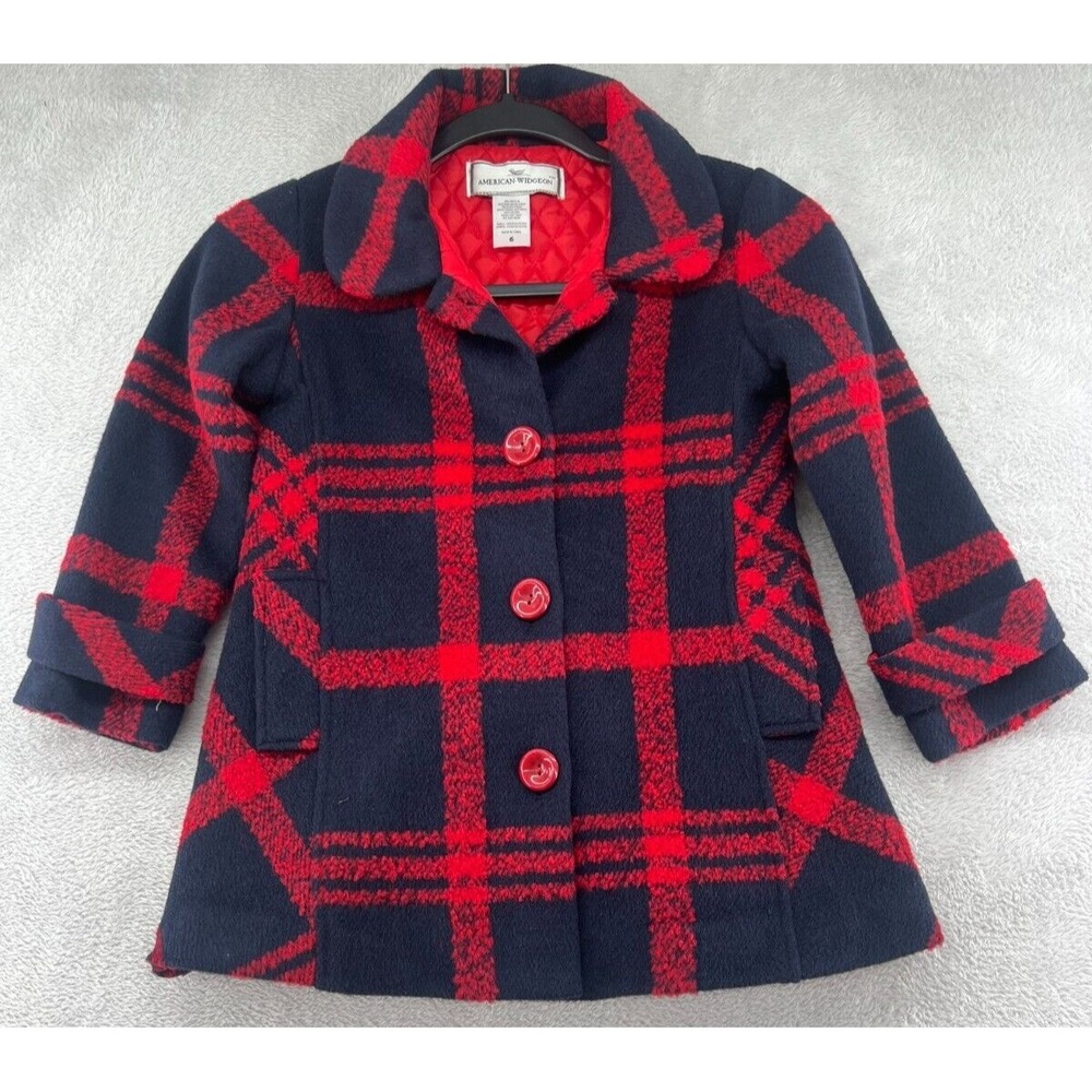 American Widgeon Pea Coat Girls 6 Navy Red Plaid Jacket Fleece Quilted Coat